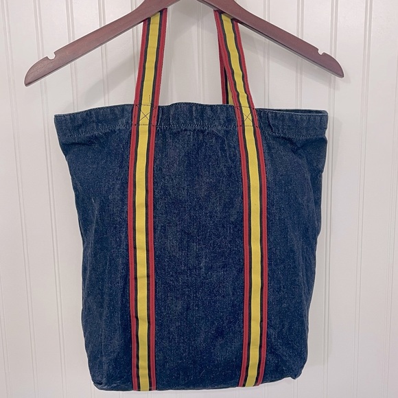 Old Navy Retro Denim Tote 70s 80s Throwback Grosgrain Ribbon Trim & Handles - Picture 5 of 15